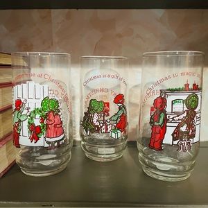 3 of 4  Coke Cola and Holly Hobbie Christmas Glasses